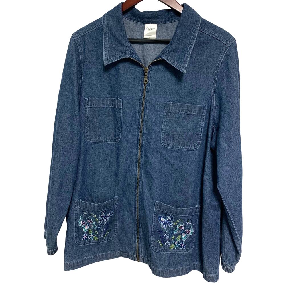 Blair Vintage Women's Full Zip Denim Cotton Butterfly Embroidered Light Coat L